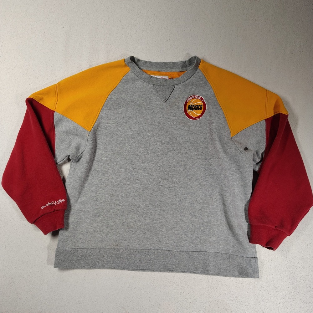 Mitchell Ness Houston Rockets Sweatshirt Medium Grey Red Yellow Cotton NBA Logo